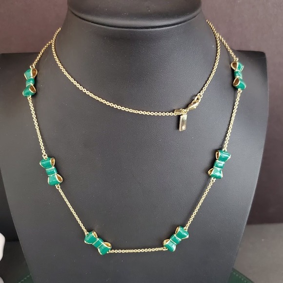 kate spade Jewelry - Kate Spade Take A Bow Long Necklace Gold Plate with Green Enamel Bows Signed